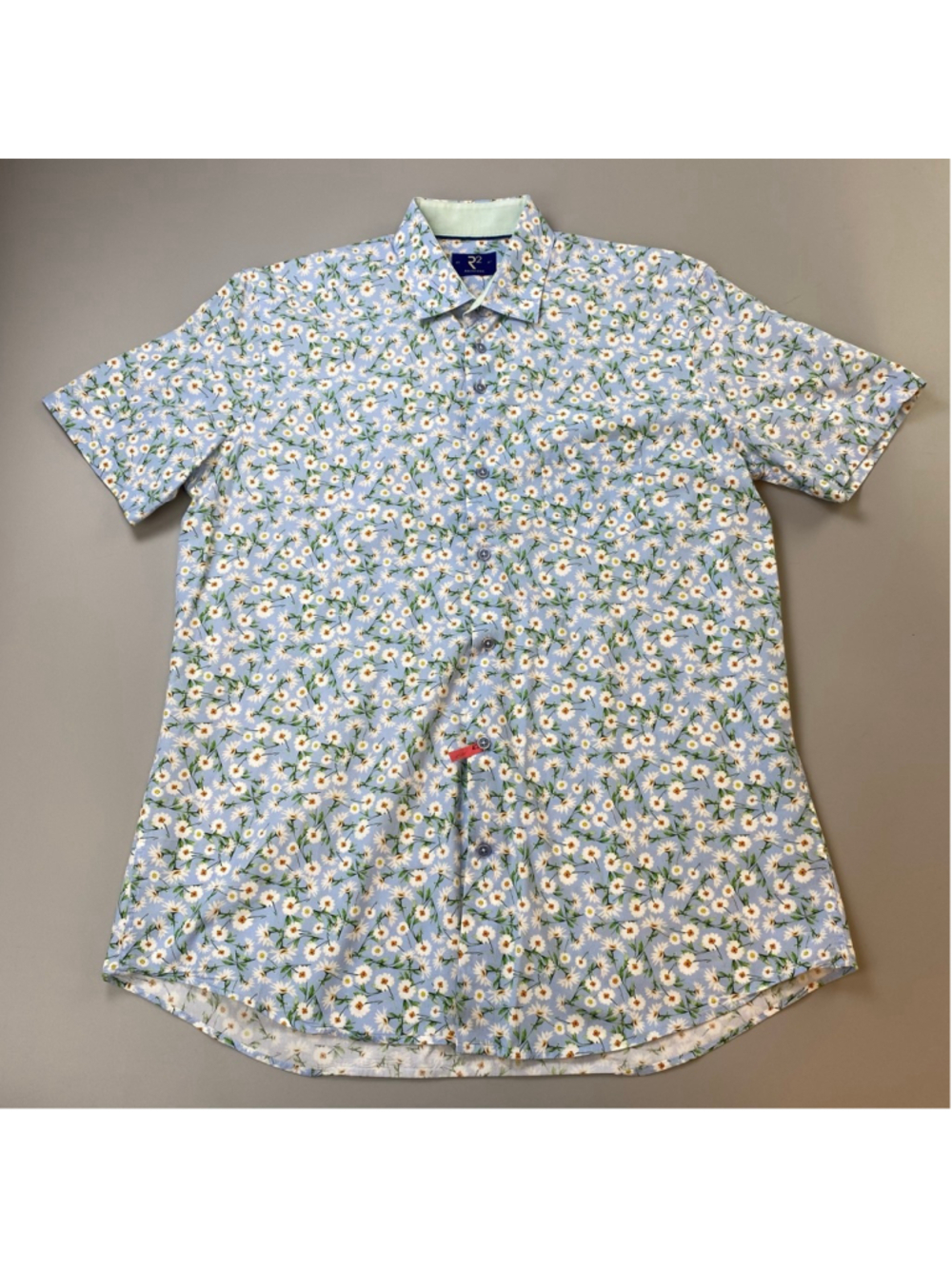 R2 Amsterdam Shirt Button Down 43 17 Blue Micro Floral Vacation Modern Preppy